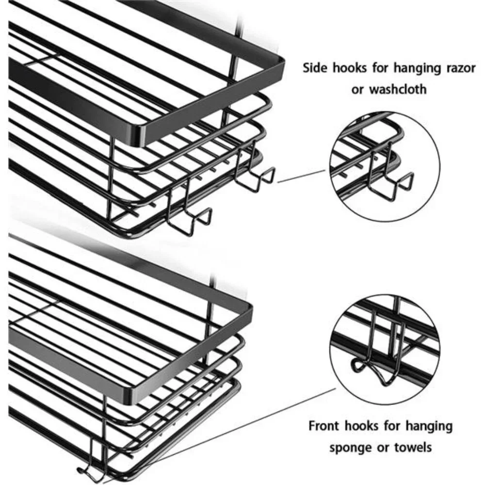 Shower Caddy with 5 Hooks for Hanging Razor and Sponge Adhesive Shower